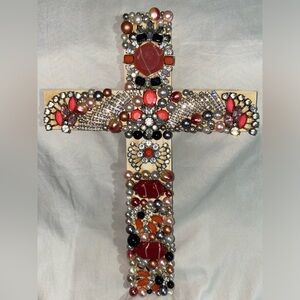 Orange, pink, cream, silver colors & Rhinestones Wood ✝️ w/ Repurposed Jewelry